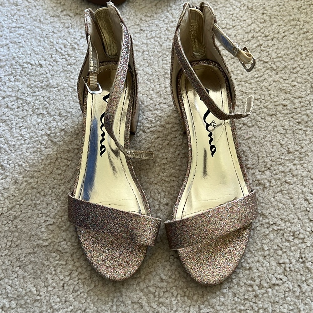 Girls size 13 block heel sandals. Multi color sparkles.